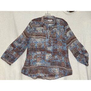 NorthStyle Women's Boho Print Long Sleeve Top - M - Blue & Brown Sheer